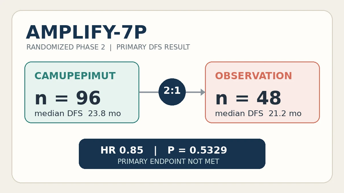 AMPLIFY-7P çalışmasında 96 hastanın camupepimuta, 48 hastanın gözleme ayrıldığını ve birincil hastalıksız sağkalım sonucunun 23,8 aya karşı 21,2 ay, tehlike oranının 0,85 olduğunu gösteren özgün infografik