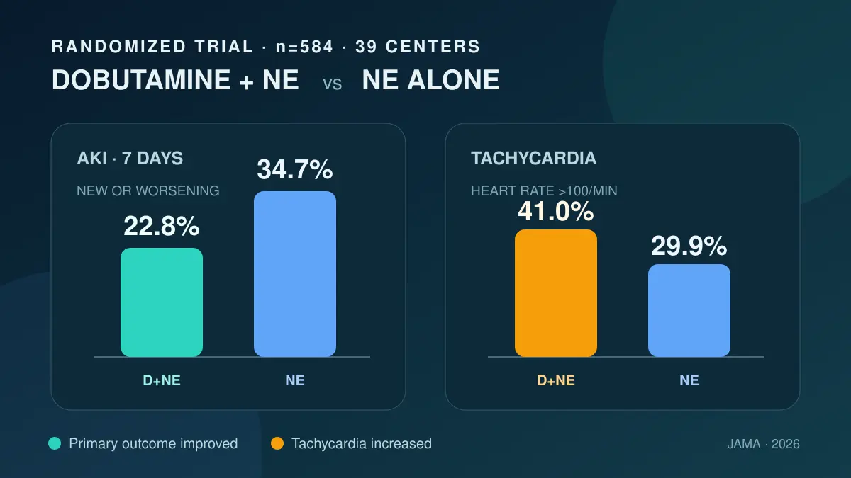 Septik şokta 584 kişilik çalışmanın infografiği; akut böbrek hasarı dobutamin artı norepinefrinle yüzde 22,8, yalnız norepinefrinle yüzde 34,7 iken taşikardi sırasıyla yüzde 41 ve 29,9 görüldü