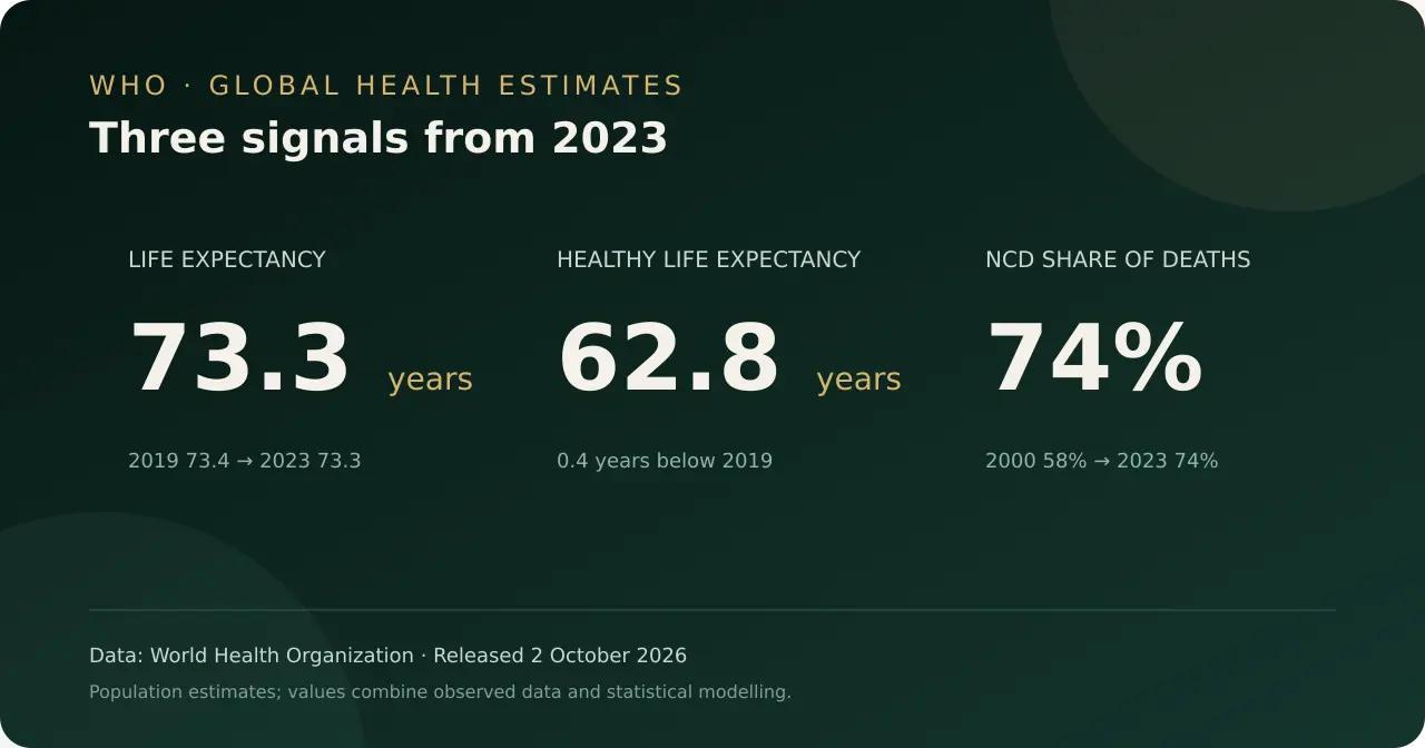 2023 küresel yaşam beklentisini, sağlıklı yaşam beklentisini ve bulaşıcı olmayan hastalıkların ölüm payını gösteren grafik